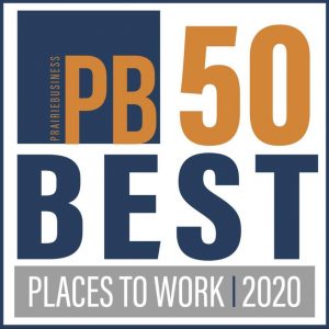 A photo of the logo for Prairie Business Magazine best place to work for the year 2020